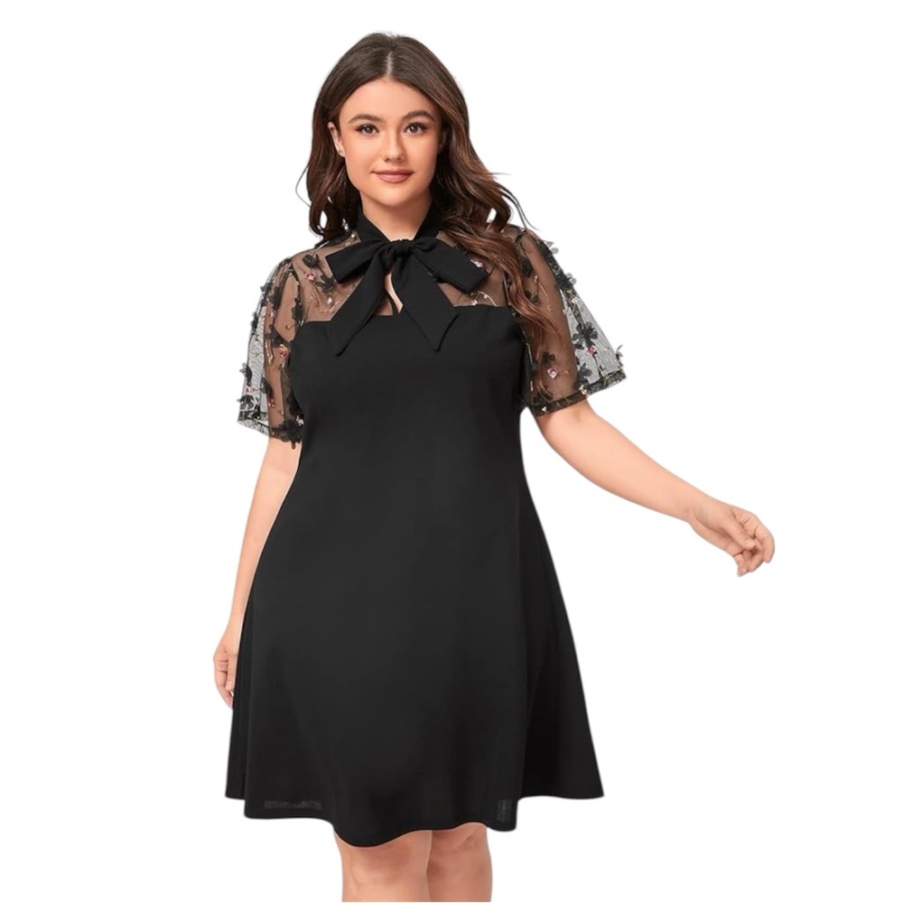 Romwe Black Floral Mesh Short Sleeve Bow Tie Neck A-Line Party Dress X-Large